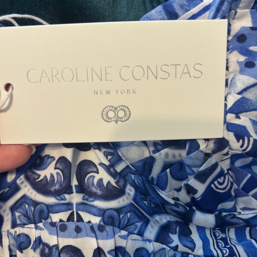Caroline Constas Maxi Dress Blue Tile Print Size Small 100% Cotton Designer NWT - Picture 12 of 13